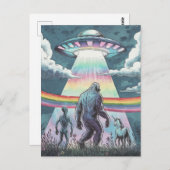 Bigfoot, Alien und Einhorn mit einem UFO Postkarte (Vorne/Hinten)