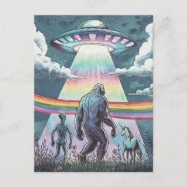 Bigfoot, Alien und Einhorn mit einem UFO Postkarte