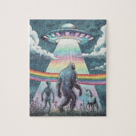 Bigfoot, Alien und Einhorn mit einem UFO Puzzle