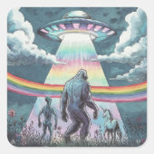 Bigfoot, Alien und Einhorn mit einem UFO Quadratischer Aufkleber (Vorderseite)