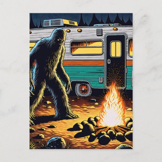 Bigfoot am Campfire und Retro Rv Postkarte (Vorderseite)