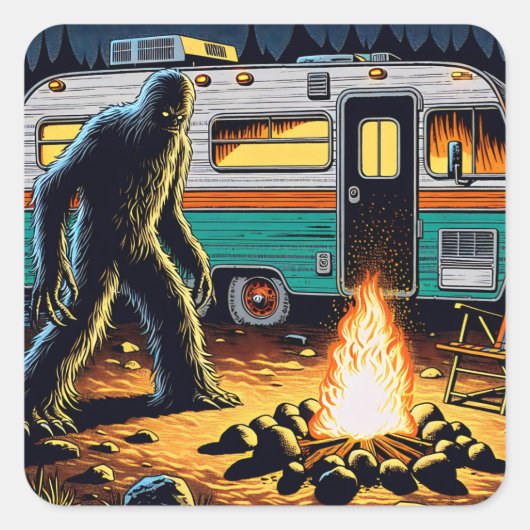 Bigfoot am Campfire und Retro Rv Quadratischer Aufkleber (Vorderseite)