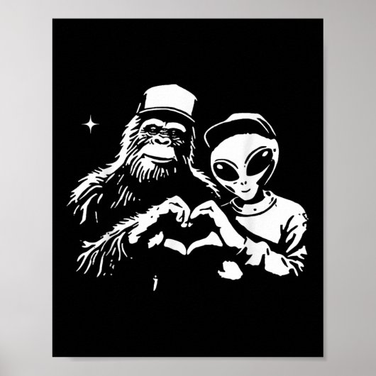 Bigfoot and Alien Heart Hands Funny Valentines Big Poster (Vorne)