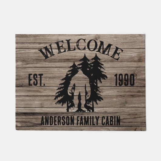 Bigfoot Cabin Rustic Wood Family Individuelle Name Fußmatte (Vorderseite)