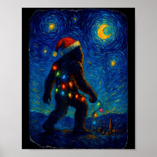 Bigfoot Christmas Sasquatch Santa Hat Starry Night Poster (Vorne)