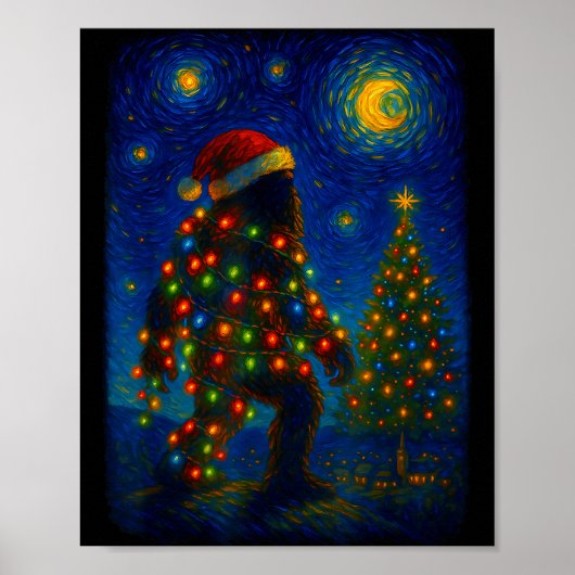 Bigfoot Christmas Sasquatch Santa Hat Starry Night Poster (Vorne)