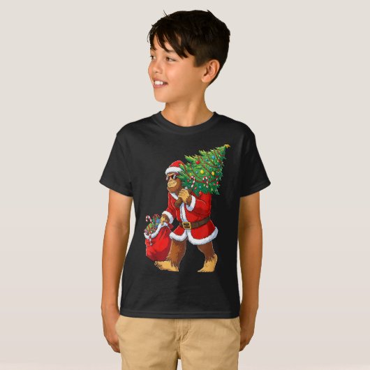 Bigfoot Christmas Tree Lights Boys Men Sasquatch L T-Shirt (Vorne ganz)