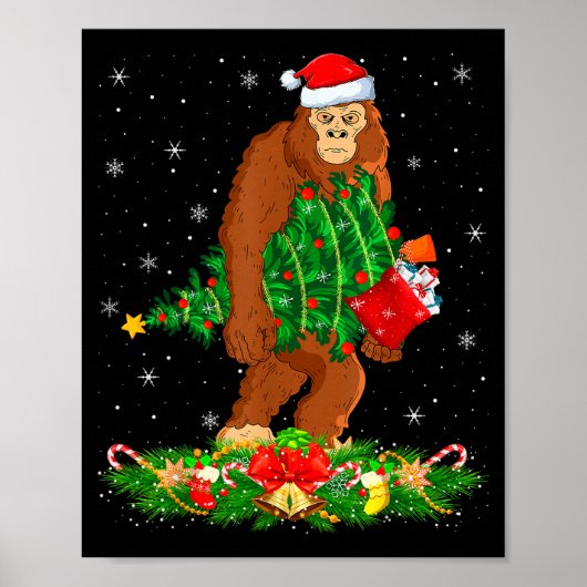 Bigfoot Christmas Tree Lights Santa Hat Funny Sasq Poster (Vorne)