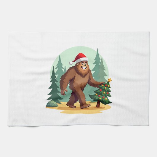 Bigfoot Christmas Tree Santa Hat (3) Geschirrtuch (Horizontal)
