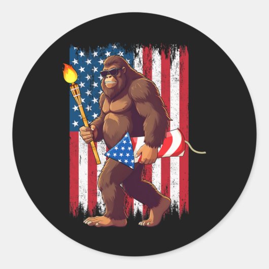 Bigfoot Feuerwerk 4. Juli Sasquatch American U Runder Aufkleber (Vorderseite)