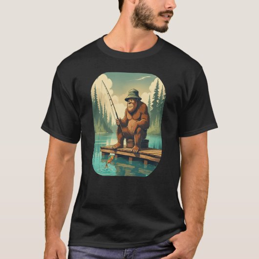 Bigfoot Fishing Sasquatch Distressed T-Shirt (Vorderseite)