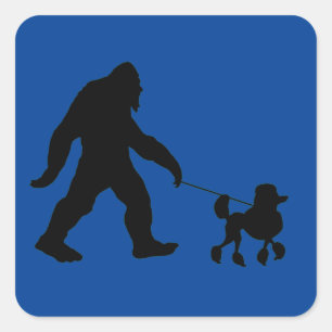 Bigfoot gehen auf seinem Poodle Quadratischer Aufkleber