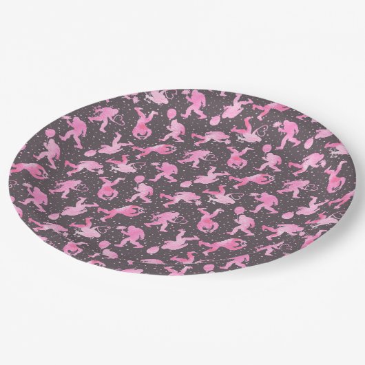 Bigfoot in Liebe Valentine in Rosa und Grau Pappteller (Schrägansicht)