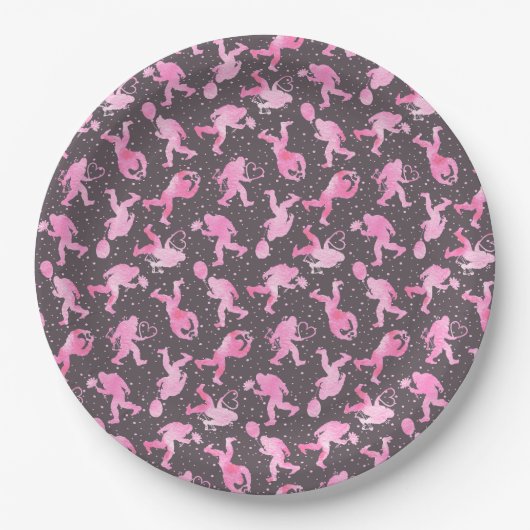 Bigfoot in Liebe Valentine in Rosa und Grau Pappteller (Vorderseite)