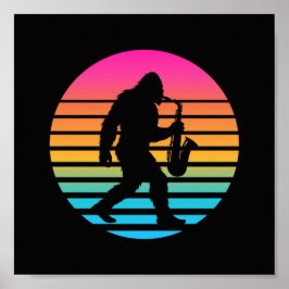 Bigfoot-Jazz-Saxophon-Retro-Sonnenuntergangs-Desig Poster