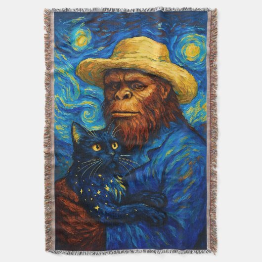 Bigfoot mit Katze in Van Gogh Stil Starry Night Decke (Vorderseite Vertikal)