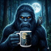 Bigfoot mit leuchtenden Augen und Eule auf der Sch Kaffeetasse