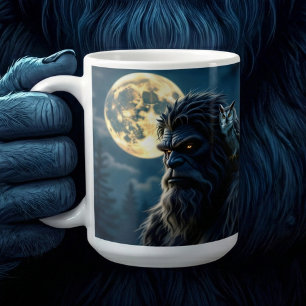 Bigfoot mit leuchtenden Augen und Eule auf der Sch Kaffeetasse