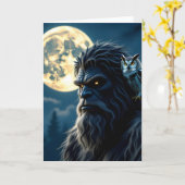 Bigfoot mit leuchtenden Augen und Eule auf der Sch Karte (Gelbe Blume)