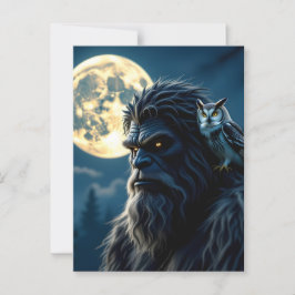 Bigfoot mit leuchtenden Augen und Eule auf der Sch Postkarte