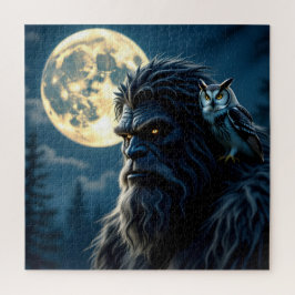 Bigfoot mit leuchtenden Augen und Eule auf der Sch Puzzle