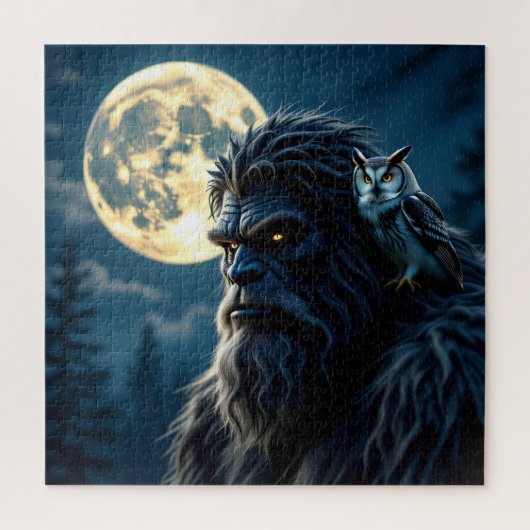 Bigfoot mit leuchtenden Augen und Eule auf der Sch Puzzle (Vertikal)