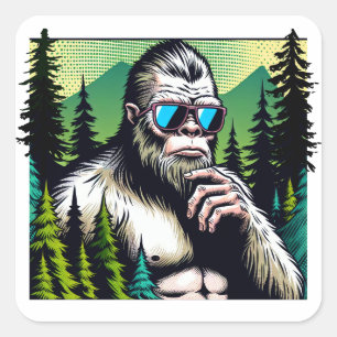 Bigfoot mit Sonnenbrille Verstecken im Wald Quadratischer Aufkleber