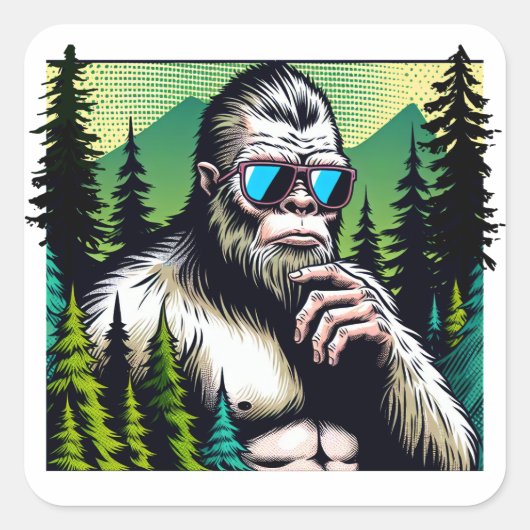 Bigfoot mit Sonnenbrille Verstecken im Wald Quadratischer Aufkleber (Vorderseite)