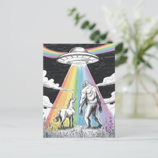 Bigfoot mit Unicorn und einem UFO Postkarte (Stehend Vorderseite)