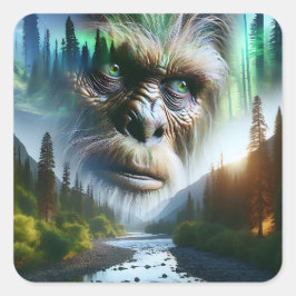 Bigfoot, Mountains, Fluss und Wald Quadratischer Aufkleber