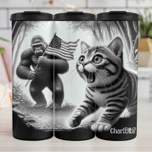 Bigfoot Patriot: Sasquatch, Katze, Flagge Thermosbecher