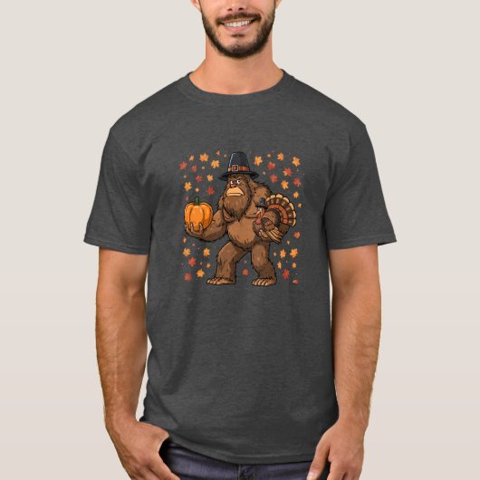 Bigfoot-Pilger-Erntedankfest-Truthahn-Kürbis T-Shirt (Vorderseite)