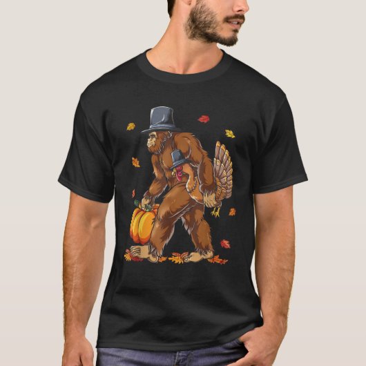 Bigfoot Pilgrim Turkey Pumpkin Funny Erntedank T-Shirt (Vorderseite)