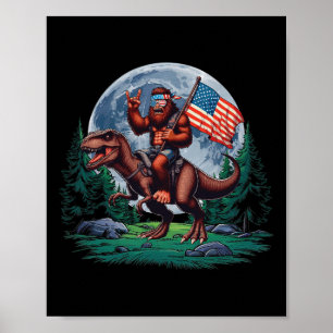 Bigfoot Rock On Mullet Bandana Riding T-rex Full m Poster