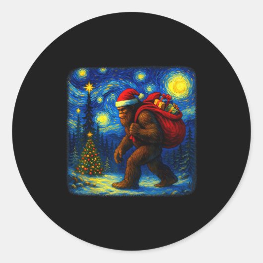 Bigfoot Santa Christmas Starry Night Sasquatch Van Runder Aufkleber (Vorderseite)