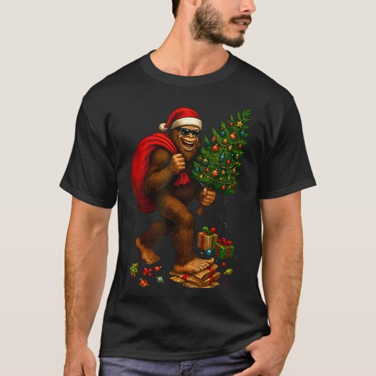 Bigfoot Santa Christmas Tree Lights Xmas Boys Men T-Shirt (Vorderseite)