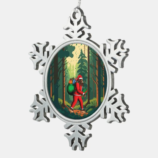 Bigfoot Santa Claus Sack der Geschenke Schneeflocken Zinn-Ornament (Rechts)