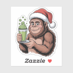 Bigfoot Santa Funny Sasquatch Holding Matcha Xmas Aufkleber