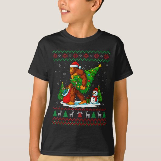 Bigfoot Santa Ugly Christmas Tree Funny Xmas Light T-Shirt (Vorderseite)