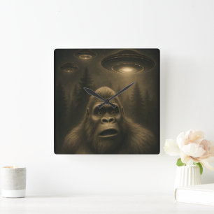 Bigfoot Sasquatch Alien UFO Funny Quadratische Wanduhr