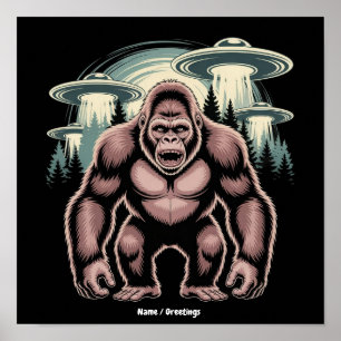 Bigfoot Sasquatch Alien UFO Lustiges Grafikdesign Poster