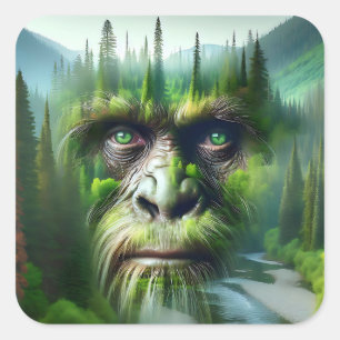 Bigfoot Sasquatch Doppelbelichtung mit Wald Quadratischer Aufkleber