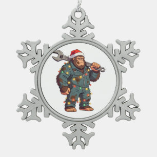 Bigfoot Sasquatch Mechaniker Weihnachten Blaumann Schneeflocken Zinn-Ornament