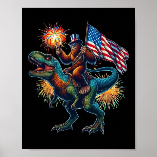 Bigfoot Sasquatch Riding Dinosaur T Rex. Funny 4. Poster (Vorne)