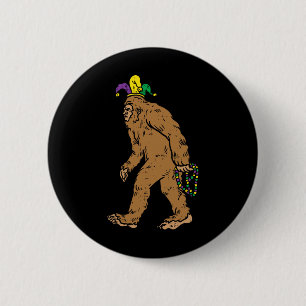 Bigfoot Sasquatsh Jester Hat Beads Funny Mardi Gra Button