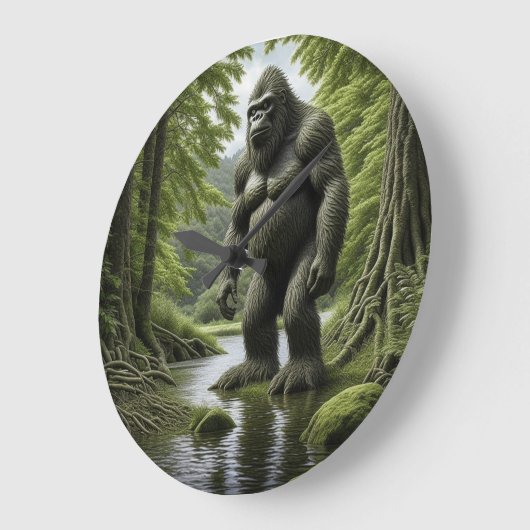 Bigfoot stehend in einem Creek-Cartoon Große Wanduhr (Winkel)