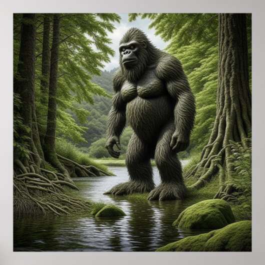 Bigfoot stehend in einem Creek-Cartoon Poster (Vorne)