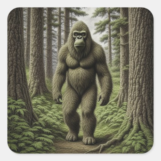 Bigfoot stehend in Trees AI art Quadratischer Aufkleber (Vorderseite)