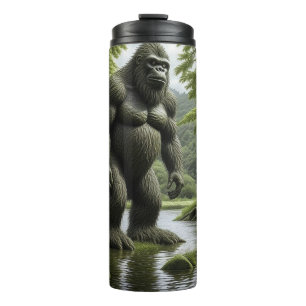 Bigfoot steht in einem Bach Cartoon Thermosbecher