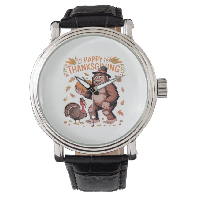 Bigfoot Turkey Pumpkin Erntedank Day Classic T- Armbanduhr (Vorderseite)